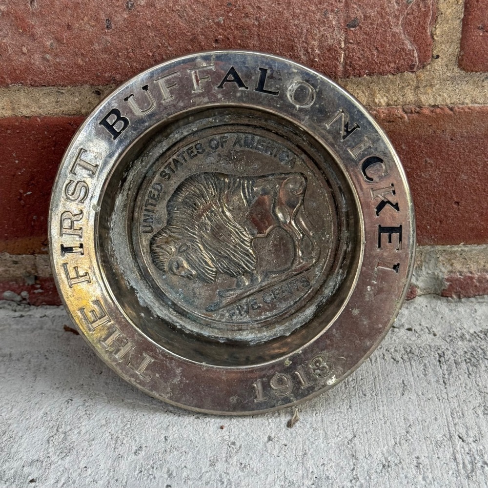 Vintage Avon 1913 First Buffalo Nickel Commemorative Silver Tone Trinket Tray 5"